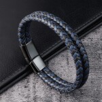 Pánský dvojitý náramek Umberto - chirurgická ocel, kůže, 23 cm Modrá