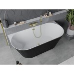 MEXEN/S - Oval Slim volně stojící vana nástěnná 170 x 80, bílá/černá, sifon a přepad zlatá kartáčovaná 52661708075-55