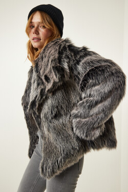 Happiness İstanbul Gray Premium Wide Collar Faux Fur Jacket