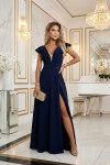 660-1 Elegantní maxi šaty s volánky, hlubokým výstřihem a rozparkem na nohou - tmavě modré XL