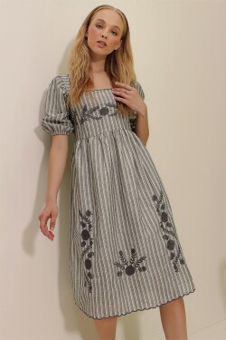 Trend Alaçatı Stili Women's Gray Square Neck Princess Sleeve Striped Floral Embroidered Woven Dress