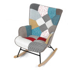 Křeslo houpací, potah patchwork látka, dřevěné nohy, masiv kaučukovník