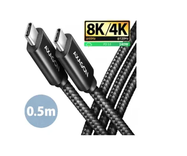 AXAGON BUCM4X-CM05AB NewGEN+ kabel USB-C USB-C, 0.5m, USB4 Gen 3×2, PD 240W 5A, 8K HD, ALU, oplet, černý (BUCM4X-CM05AB)