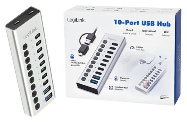 USB Hub 10 portů USB-A/C / USB rozbočovač / USB 3.2 / Přepínač zapnutí/vypnutí portů (UA0448)