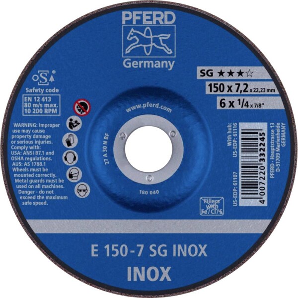 PFERD 62222730 E 150-7 SG INOX brusný kotouč lomený Průměr 150 mm Ø otvoru 22.23 mm nerezová ocel 10 ks