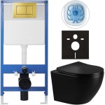 CERANO Kompletní podomítkový WC set Lite/Cesso - černá lesklá - WC tlačítko Classic, zlatá - předstěnová instalace/sádrokarton - 49x36 cm