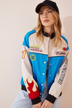 Happiness İstanbul Women's Blue Racing Patched College Bomber Jacket