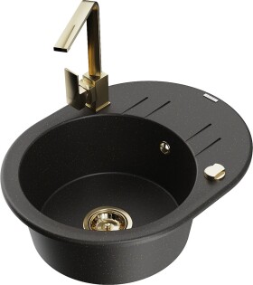 MEXEN/S - Kevin granitový dřez s odkapávačem včetně baterie Rita, černá/zlatá metalik 6517-75-670300-50