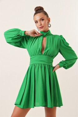 By Saygı Emerald Lined Chiffon Dress with Windows