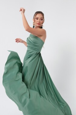 Lafaba Dámské mátově zelené saténové večerní šaty na jedno rameno plesové šaty