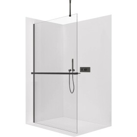 CERANO Sprchová zástěna Walk-in Onyx Top Round L/P - 8 mm - kulatá vzpěra + polička/držák na ručníky - černá matná, transparentní sklo - 150x200 cm