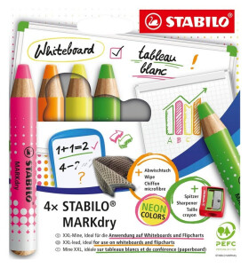 Suchý popisovač na tabuli a flipchart STABILO MARKdry Neon 4ks + ořezávátko a hadřík