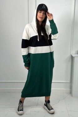 Tříbarevné šaty s kapucí ecru + černá + tmavě zelená