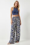 Happiness İstanbul Women's Cream Blue Patterned Flowy Viscose Palazzo Trousers