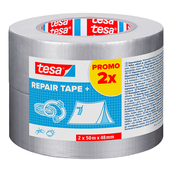 Tesa textilní opravná páska - Repair Tape, promo pack 2 ks, 50 m × 48 mm, silně lepivá, stříbrná