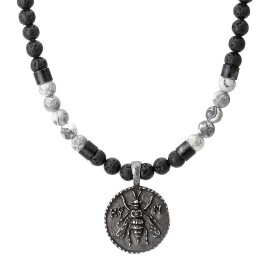 Pánský náhrdelník Dión - lávový kámen, jaspis, starožitná mince, Černá 55 cm