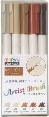 Marvy Umělecké fixy se štětcovým hrotem Artist Brush sada 5ks BROWN