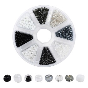 Skleněný rokajl - 6/0 - krabička kulatá - černobílý mix - 4 - 5 x 2,5 - 4,5 mm - 195g - 1 ks