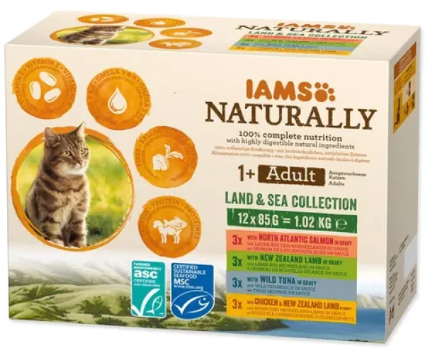 IAMS Naturally Adult / Kapsičky pro kočky / mořské a suchozemské maso v omáčce / 12x85 g / pro dospělé kočky (1753-161792)