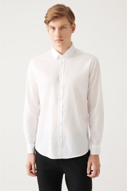 Avva Men's White Button Collar 100% Cotton Slim Fit Slim Fit Shirt