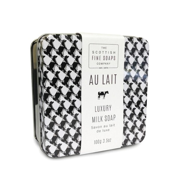 SCOTTISH FINE SOAPS Mýdlo v plechu AU LAIT 100 g, černá barva, bílá barva, kov