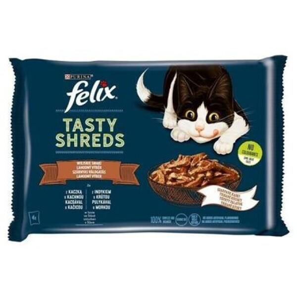 Felix Tasty Shreds s kachním a krůtím masem 4 x 80 g