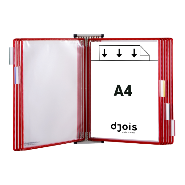 Djois nástěnný kovový držák s rámečky, 10 rámečků s kapsami A4 na výšku, červené, 1 set