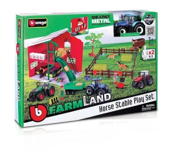 Bburago FARMLAND Set Stáj s koňmi a traktorem