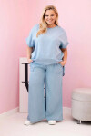 Dámská souprava Plus Size z tencelu halenka a kalhoty s vázáním světle džínový UNI