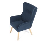 Křeslo, potah modrá manšestrová látka, dřevěné nohy, masiv kaučukovník
