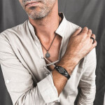 Pánský náramek Vegvisir - pravá kůže, chirurgická ocel, Černá 22 cm