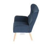 Křeslo, potah modrá manšestrová látka, dřevěné nohy, masiv kaučukovník