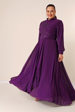 By Saygı Embroidered Lined Plus Size Long Chiffon Dress Flounce Front