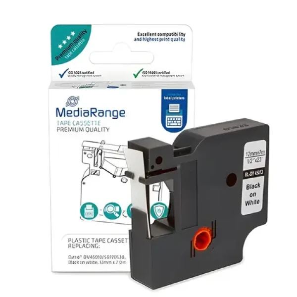 MediaRange kompatibilní páska pro Dymo D1 černá na bílé / Páska do tiskárny štítků / 12 mm / 7 m / laminovaná (MRDY45013)