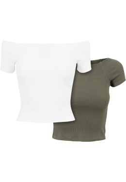 Dámské tričko Off Shoulder Rib Tee 2-Pack bílá+olivová