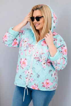 Dámská jarní prošívaná bunda Plus Size s kapucí a květinovým vzorem mátová UNI