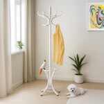 Věšák dřevěný stojanový, masiv topol a bříza, bílý matný lak, výška 185 cm