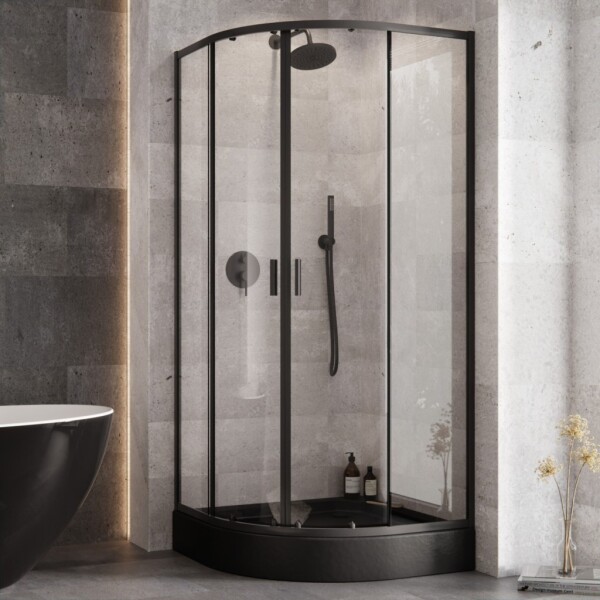 BESCO - Set čtvrtkruhový kout ZARYA BLACK + vanička ALEX STONE EFFECT - Barva rámu - Černá, Rozměr A - 90, Rozměr B - 90, Výplň - Čiré bezpečnostní sklo - 5 mm OLBZAAL90B