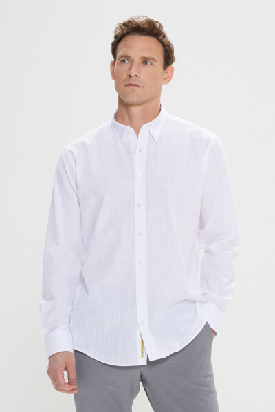 AC&Co Altınyıldız Classics Men's White Comfort Fit Comfortable Cut Concealed Button Collar 100% Cotton Flamed Shirt