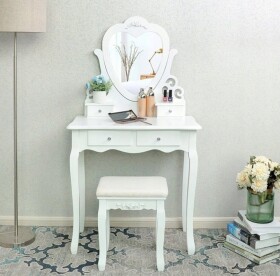 DumDekorace Toaletní stolek se zrcadlem ve tvaru srdce Bíly