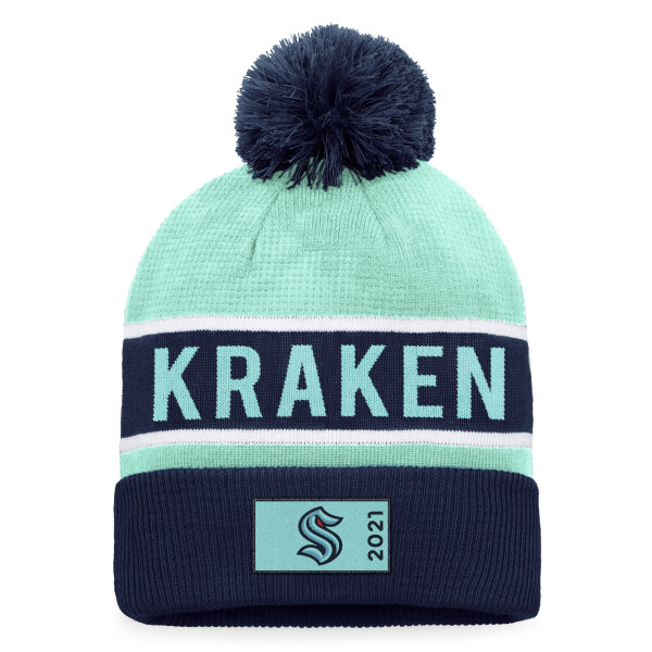 Fanatics Pánská zimní čepice Seattle Kraken NHL Authentic Pro Game & Train Cuffed Pom Knit Traditional Navy-Icy Blue