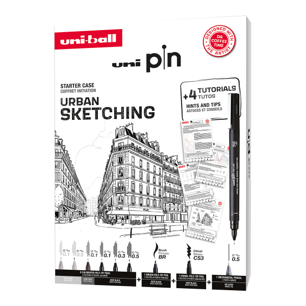 UNI PIN sada Urban Sketching - dárkový box, 8 linerů + SHALAKU mikrotužka, mix barev