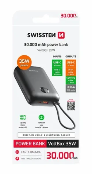 SWISSTEN 22013938 VOLTBOX 30000mAh černá / Powerbanka s integrovanými kabely (22013938)