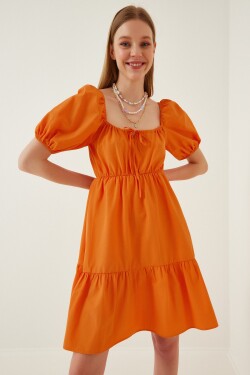 Štěstí İstanbul Dámské oranžové nabírané límec Rozšířené popelínové šaty