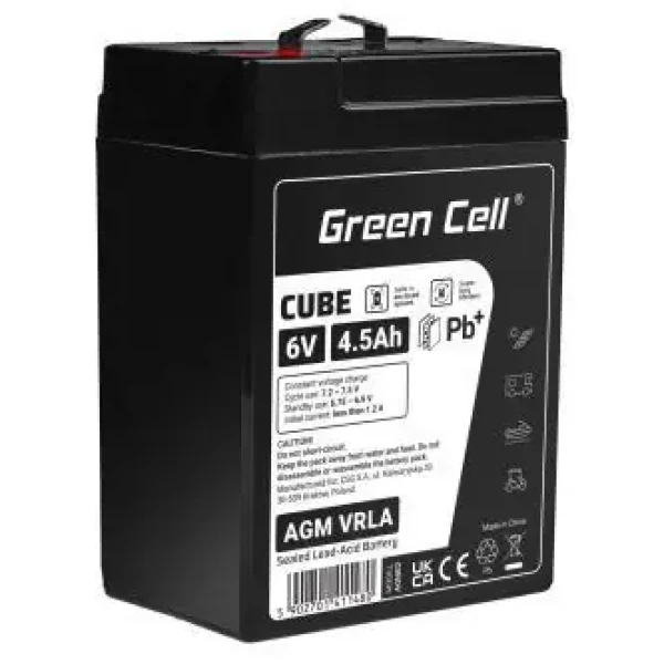 Green Cell Cube AGM VRLA 6V 4.5Ah / Bezúdržbová baterie / IP54 / alarmové systémy a pokladny (AGM6V4-5AH-J)