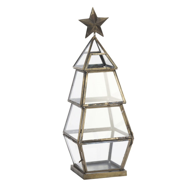 MADAM STOLTZ Kovová lucerna Christmas Tree 37 cm, zlatá barva, sklo, kov