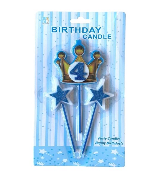 Dortisimo Svíčky koruna zlato-modrá s číslem 4 a hvězdičky modré