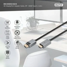 Digitus / DisplayPort připojovací kabel / DP/M - HDMI-A/M / 4K / 1,8 m (DB-340202-018-S)