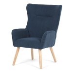 Křeslo, potah modrá manšestrová látka, dřevěné nohy, masiv kaučukovník