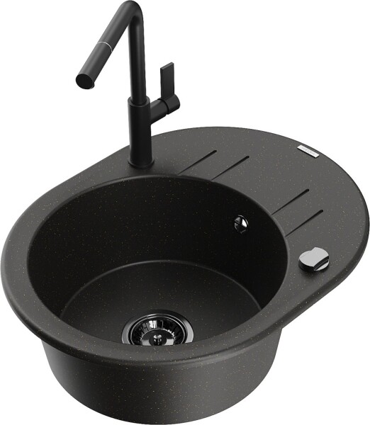 MEXEN/S - Kevin granitový dřez 1-miska s odkapávačem včetně baterie Flora, černá/zlatá metalik 6517-75-670401-70-B